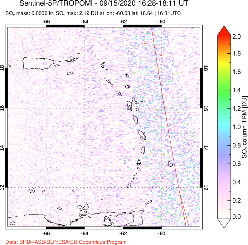A sulfur dioxide image over Montserrat, West Indies on Sep 15, 2020.