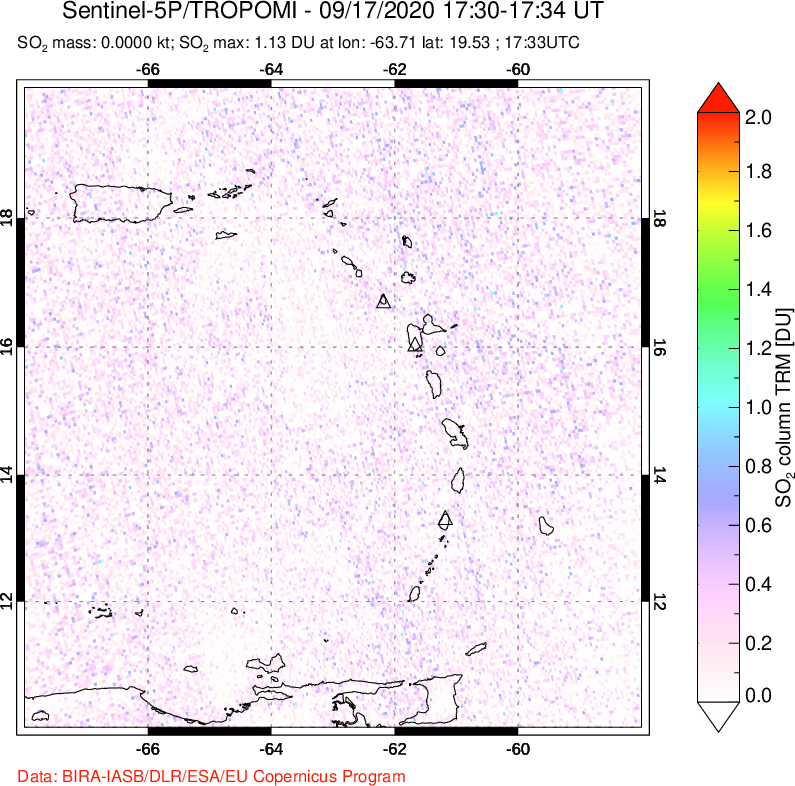 A sulfur dioxide image over Montserrat, West Indies on Sep 17, 2020.