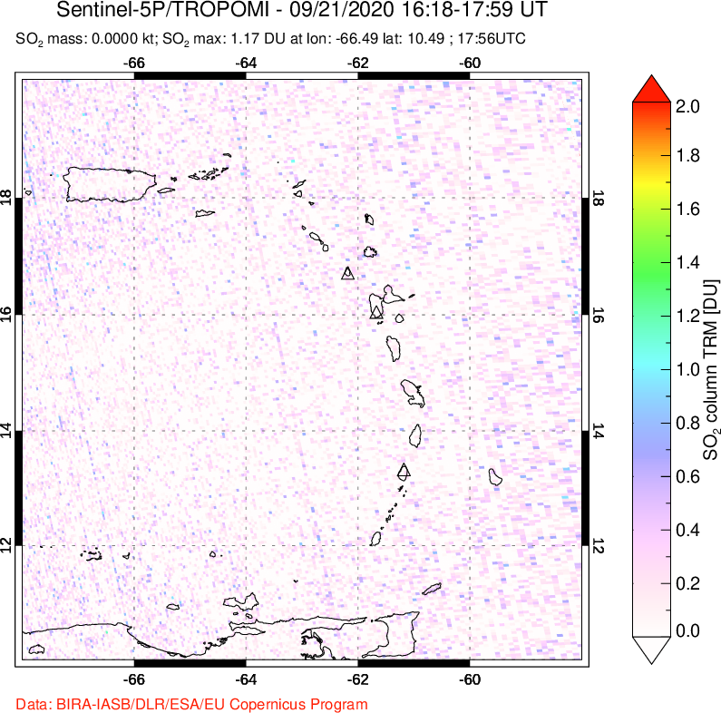 A sulfur dioxide image over Montserrat, West Indies on Sep 21, 2020.