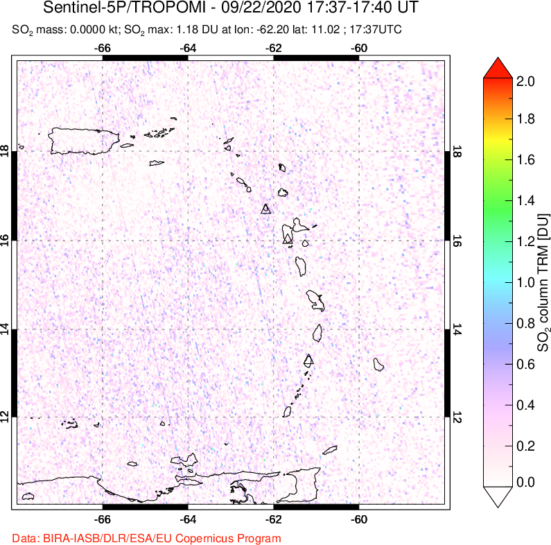 A sulfur dioxide image over Montserrat, West Indies on Sep 22, 2020.