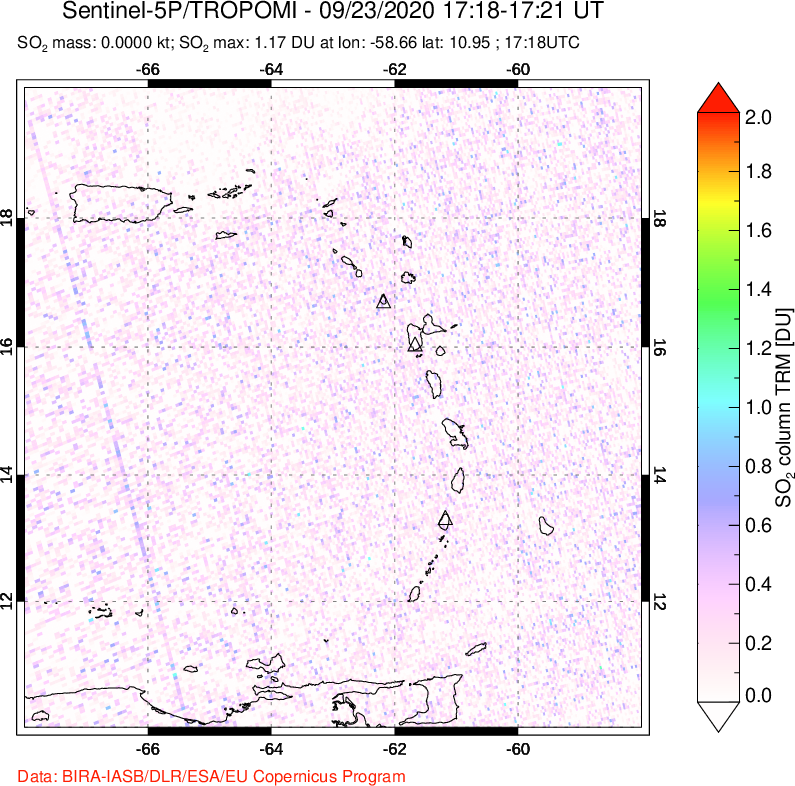 A sulfur dioxide image over Montserrat, West Indies on Sep 23, 2020.