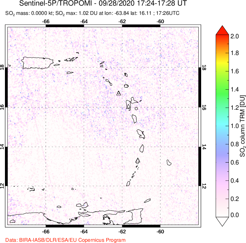 A sulfur dioxide image over Montserrat, West Indies on Sep 28, 2020.