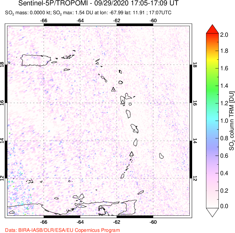 A sulfur dioxide image over Montserrat, West Indies on Sep 29, 2020.