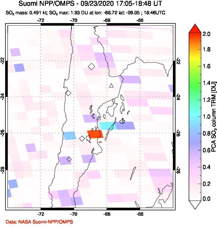 A sulfur dioxide image over Northern Chile on Sep 23, 2020.