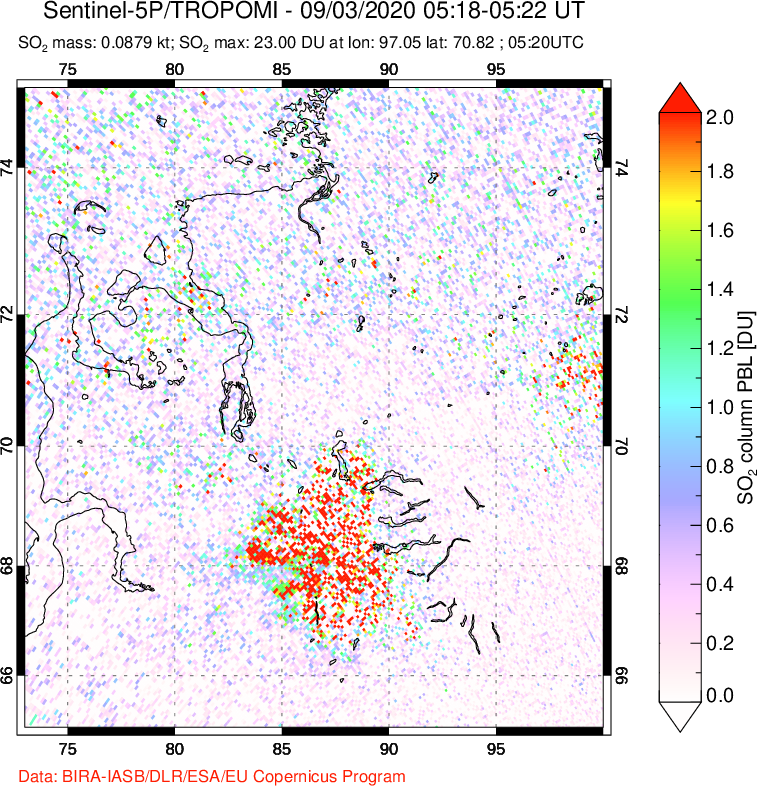 A sulfur dioxide image over Norilsk, Russian Federation on Sep 03, 2020.
