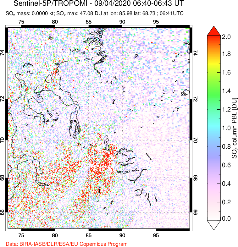 A sulfur dioxide image over Norilsk, Russian Federation on Sep 04, 2020.