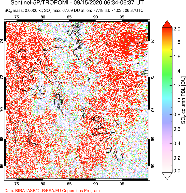 A sulfur dioxide image over Norilsk, Russian Federation on Sep 15, 2020.