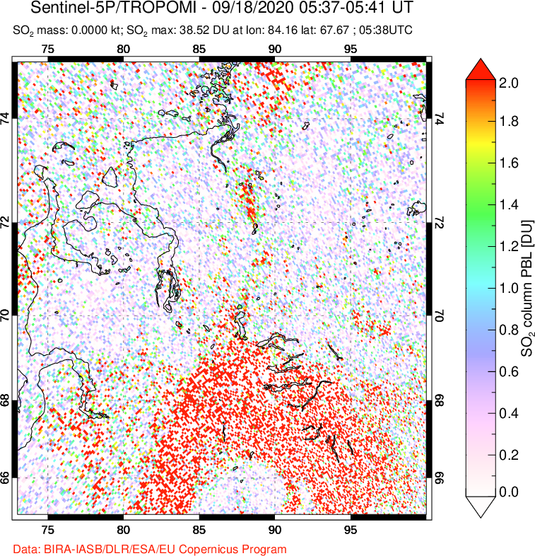 A sulfur dioxide image over Norilsk, Russian Federation on Sep 18, 2020.