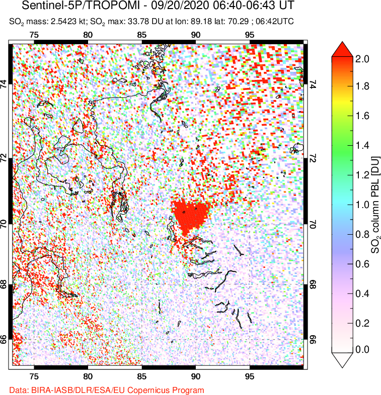 A sulfur dioxide image over Norilsk, Russian Federation on Sep 20, 2020.