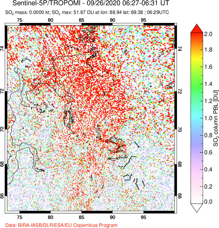 A sulfur dioxide image over Norilsk, Russian Federation on Sep 26, 2020.