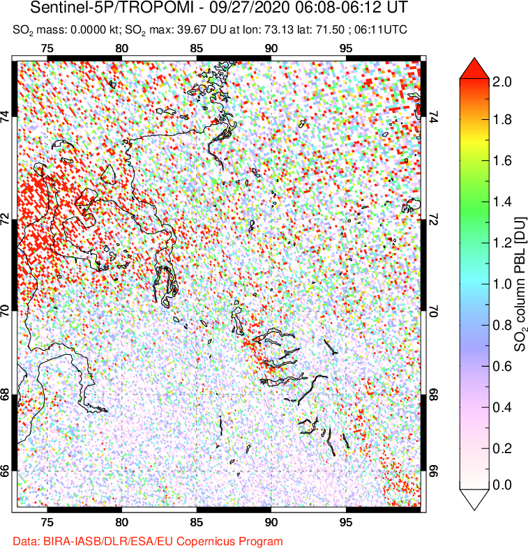A sulfur dioxide image over Norilsk, Russian Federation on Sep 27, 2020.