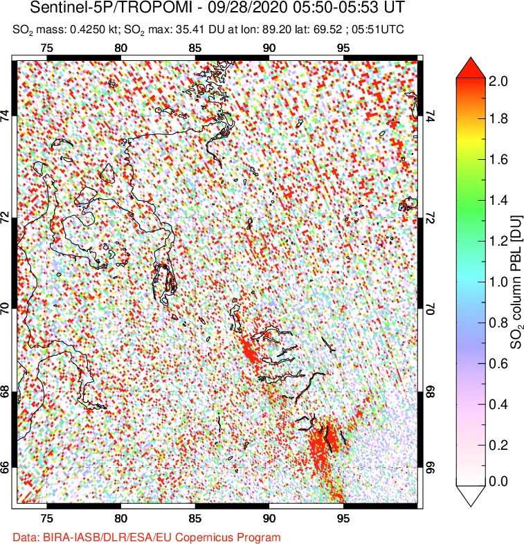 A sulfur dioxide image over Norilsk, Russian Federation on Sep 28, 2020.