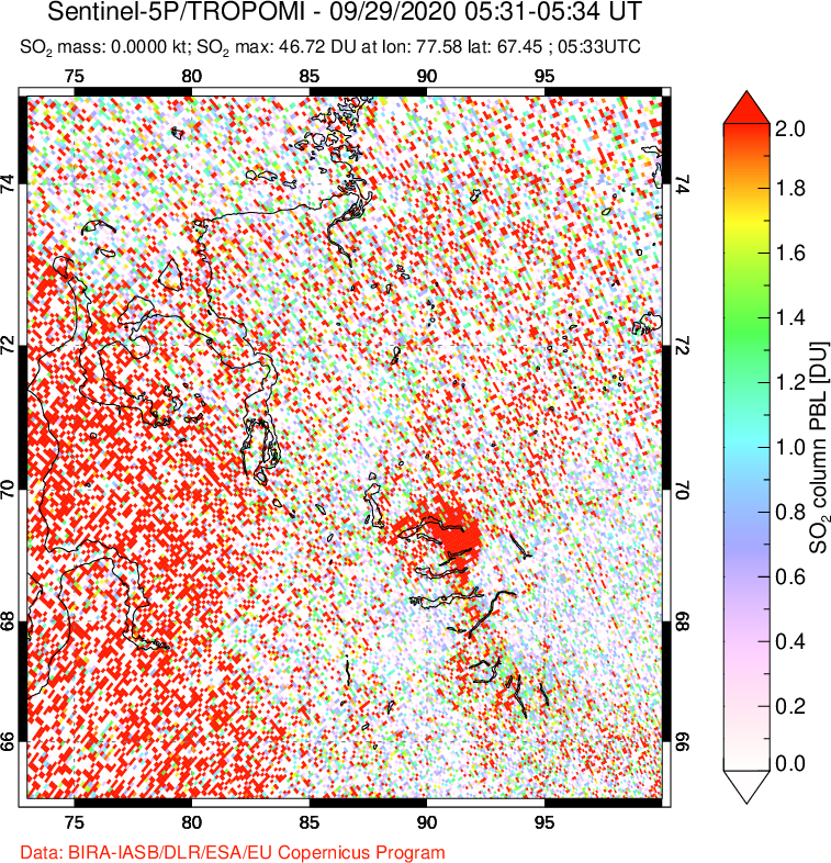 A sulfur dioxide image over Norilsk, Russian Federation on Sep 29, 2020.