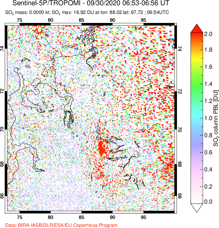 A sulfur dioxide image over Norilsk, Russian Federation on Sep 30, 2020.