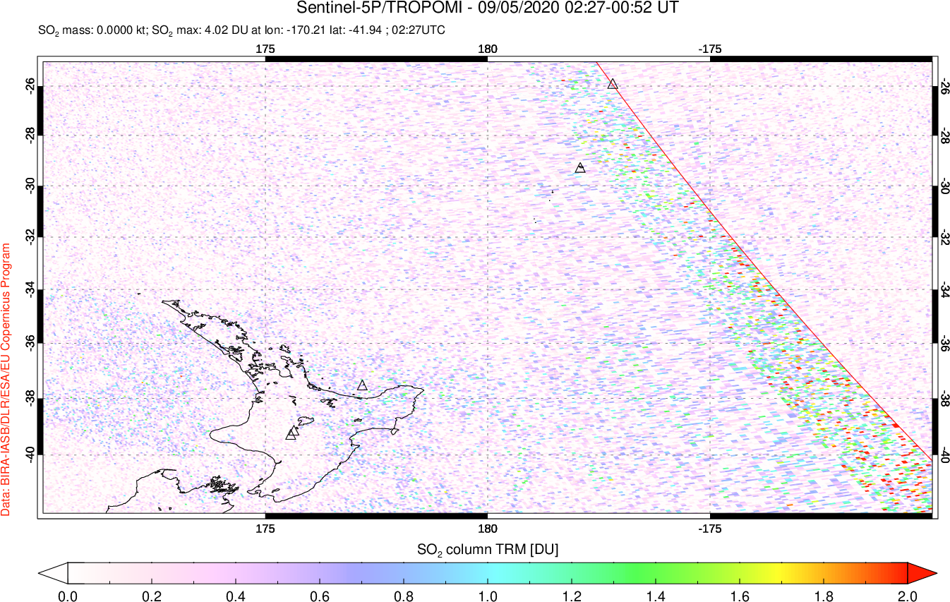 A sulfur dioxide image over New Zealand on Sep 05, 2020.