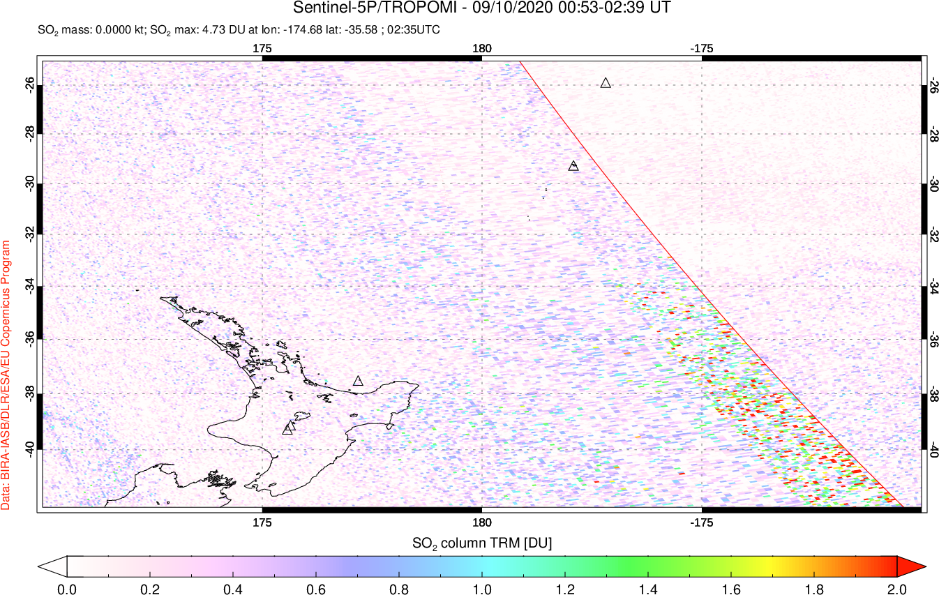 A sulfur dioxide image over New Zealand on Sep 10, 2020.