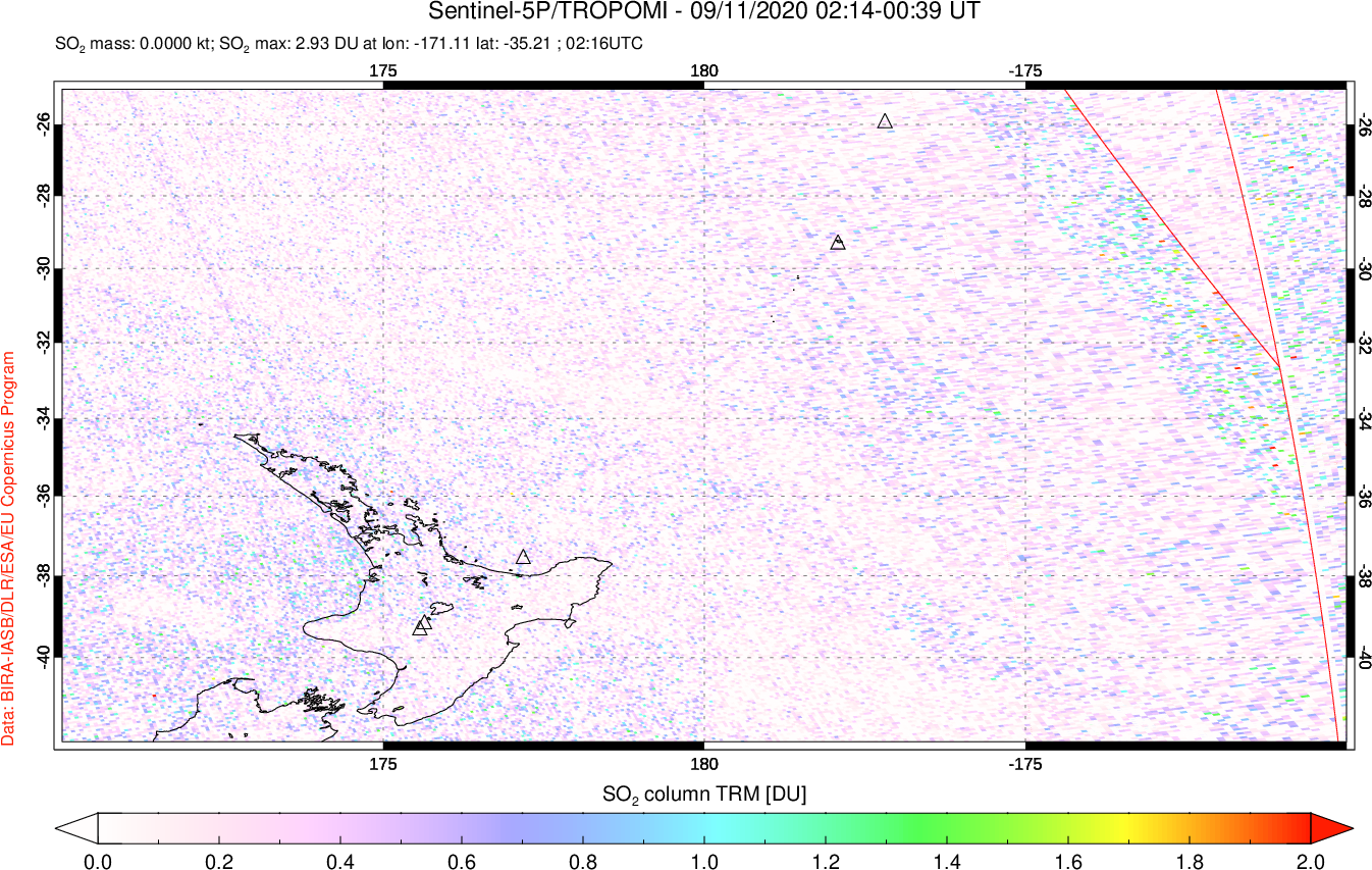 A sulfur dioxide image over New Zealand on Sep 11, 2020.