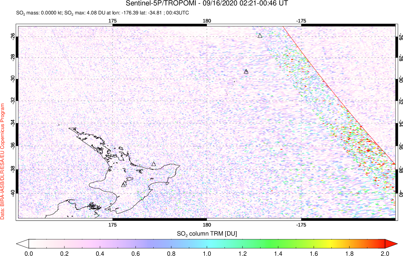 A sulfur dioxide image over New Zealand on Sep 16, 2020.