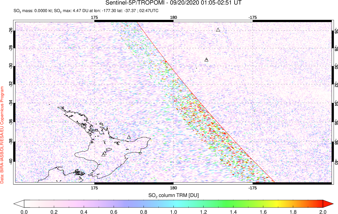 A sulfur dioxide image over New Zealand on Sep 20, 2020.