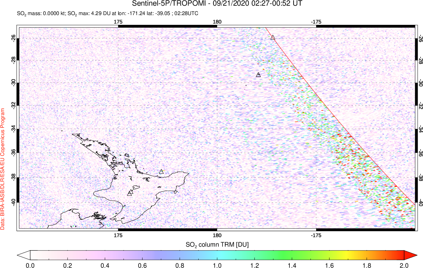 A sulfur dioxide image over New Zealand on Sep 21, 2020.