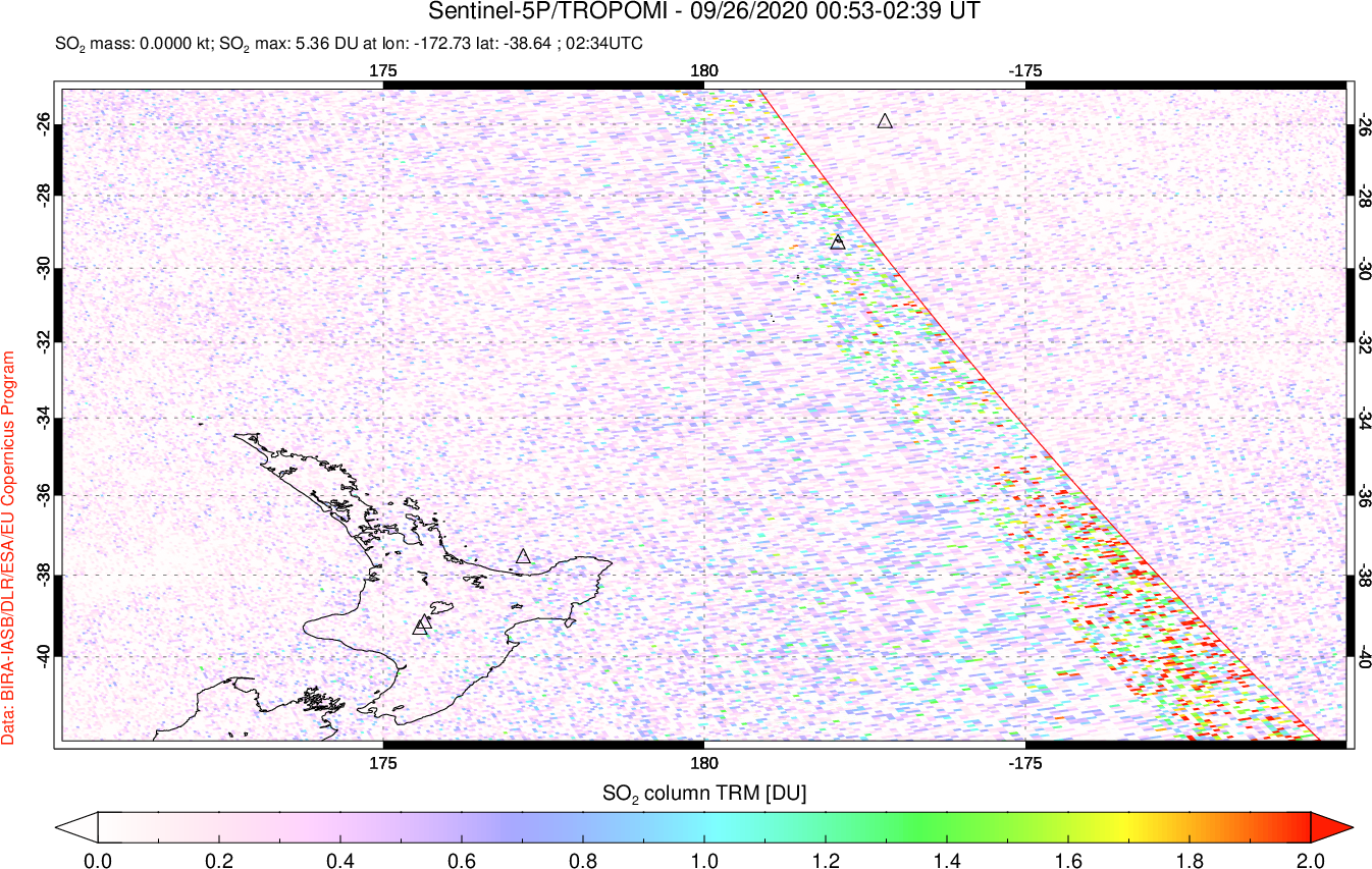 A sulfur dioxide image over New Zealand on Sep 26, 2020.