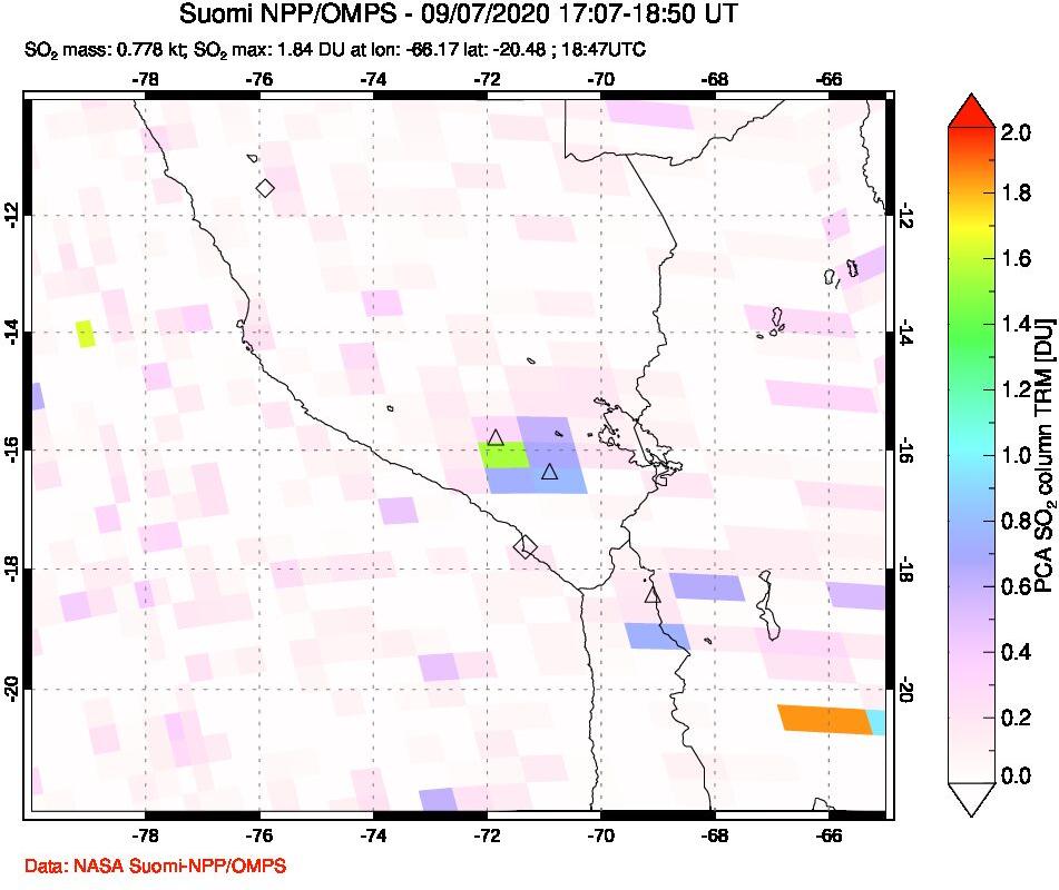 A sulfur dioxide image over Peru on Sep 07, 2020.