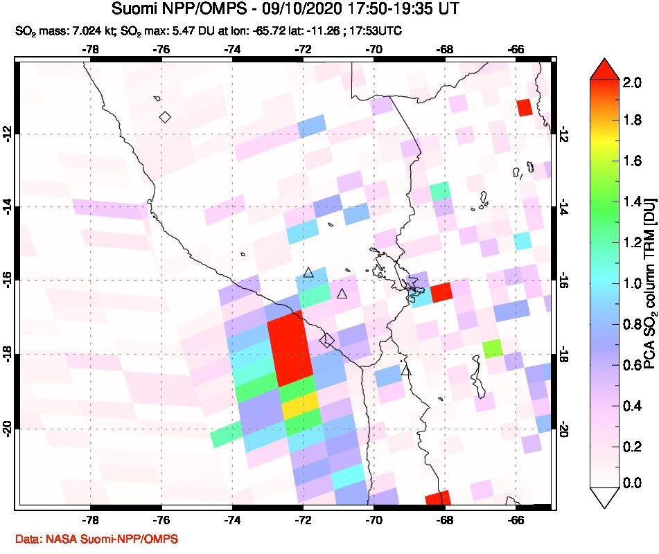 A sulfur dioxide image over Peru on Sep 10, 2020.