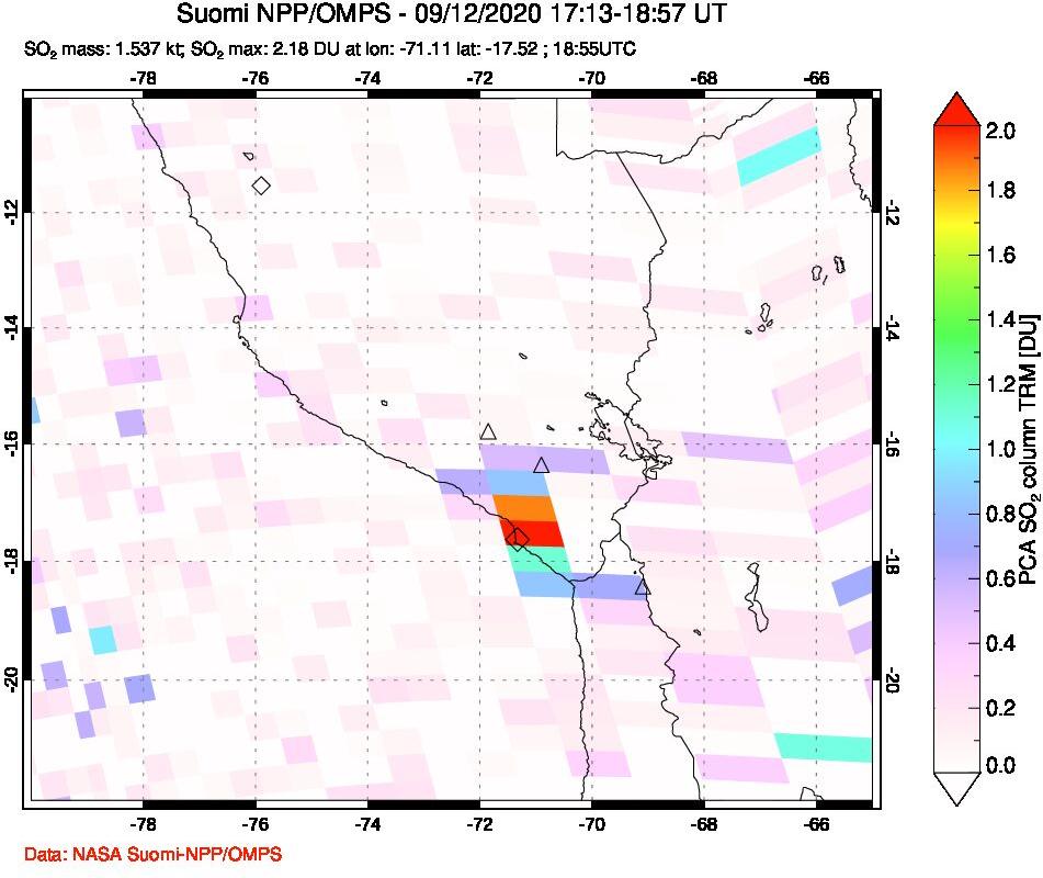 A sulfur dioxide image over Peru on Sep 12, 2020.