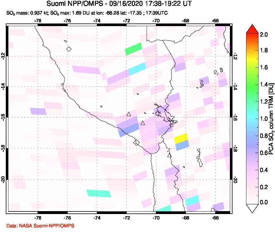 A sulfur dioxide image over Peru on Sep 16, 2020.