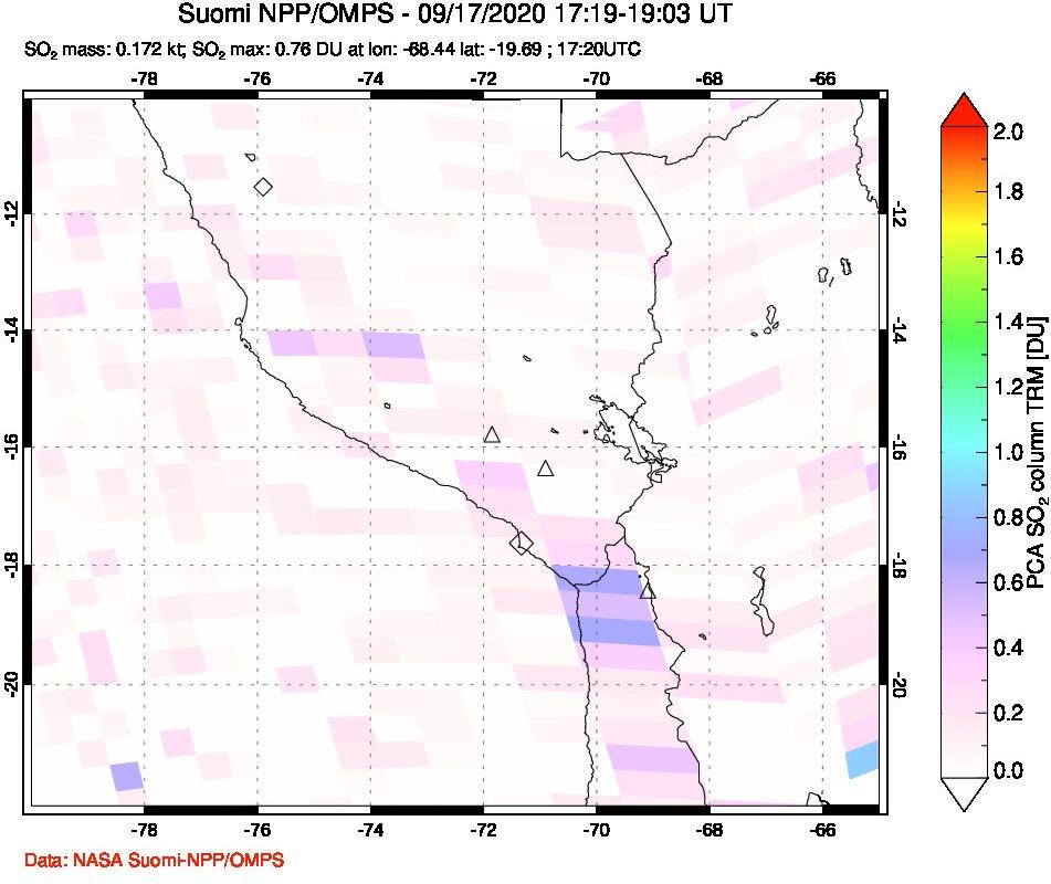 A sulfur dioxide image over Peru on Sep 17, 2020.