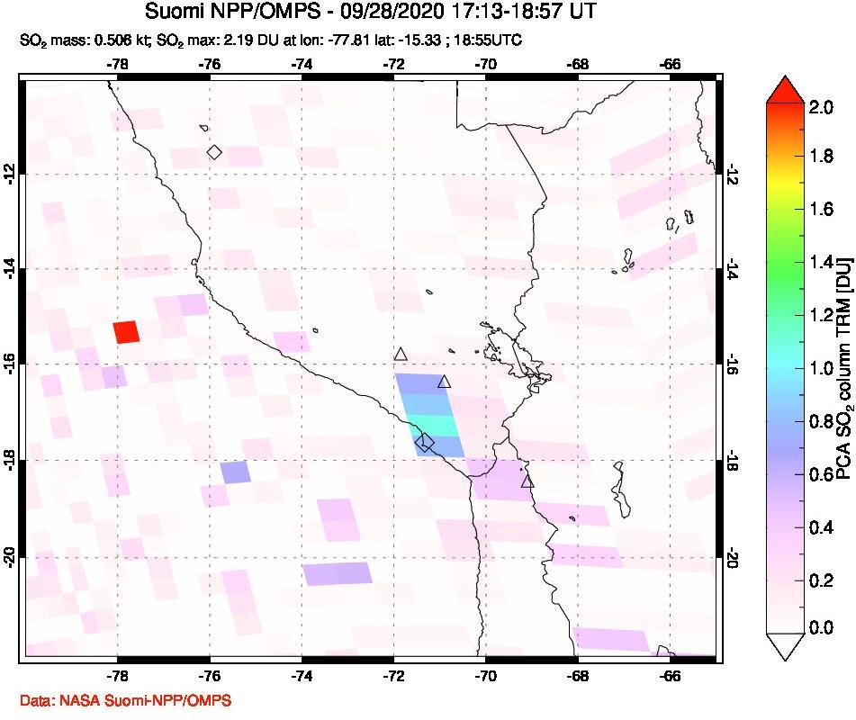 A sulfur dioxide image over Peru on Sep 28, 2020.