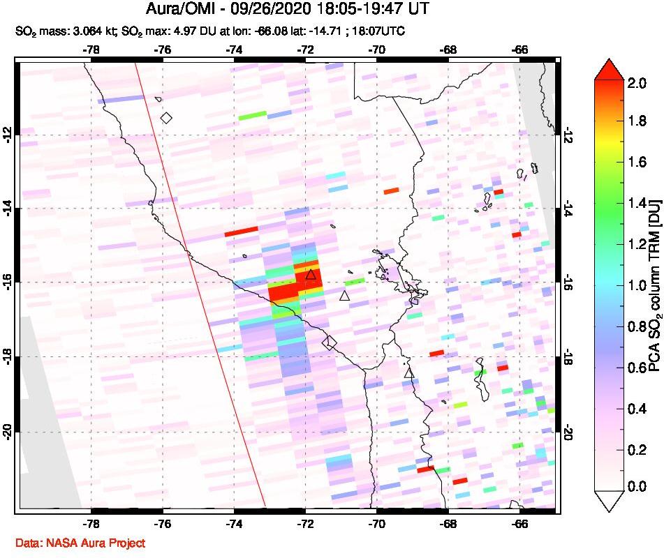 A sulfur dioxide image over Peru on Sep 26, 2020.