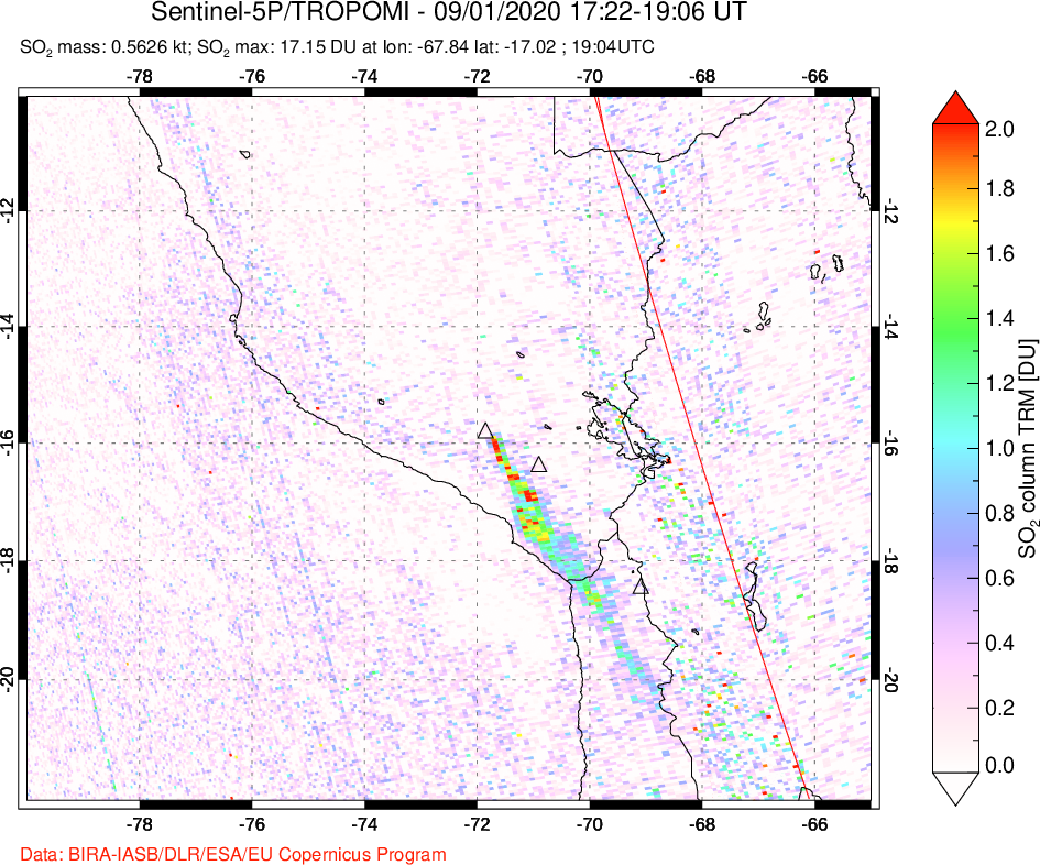 A sulfur dioxide image over Peru on Sep 01, 2020.