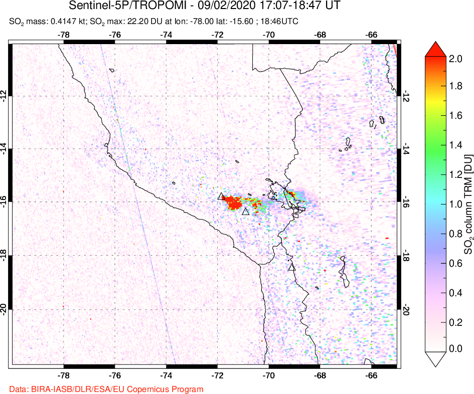 A sulfur dioxide image over Peru on Sep 02, 2020.