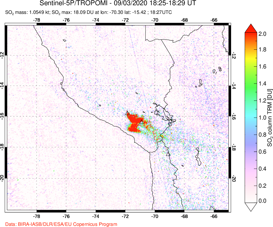 A sulfur dioxide image over Peru on Sep 03, 2020.