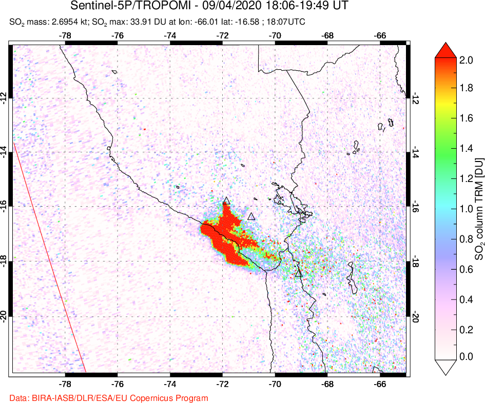 A sulfur dioxide image over Peru on Sep 04, 2020.