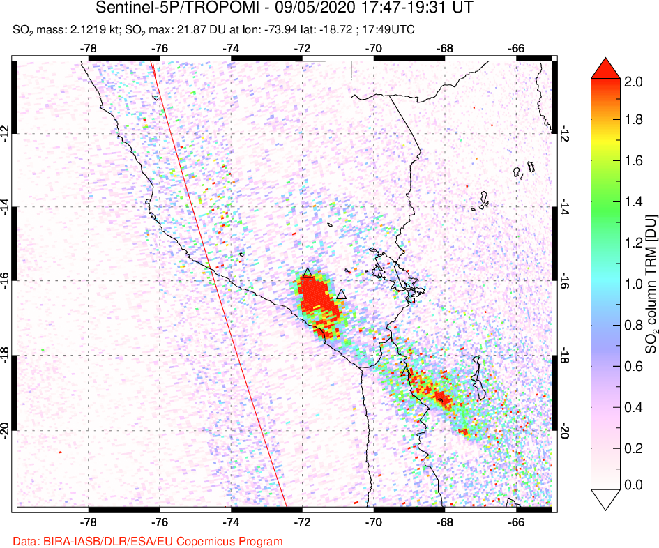 A sulfur dioxide image over Peru on Sep 05, 2020.