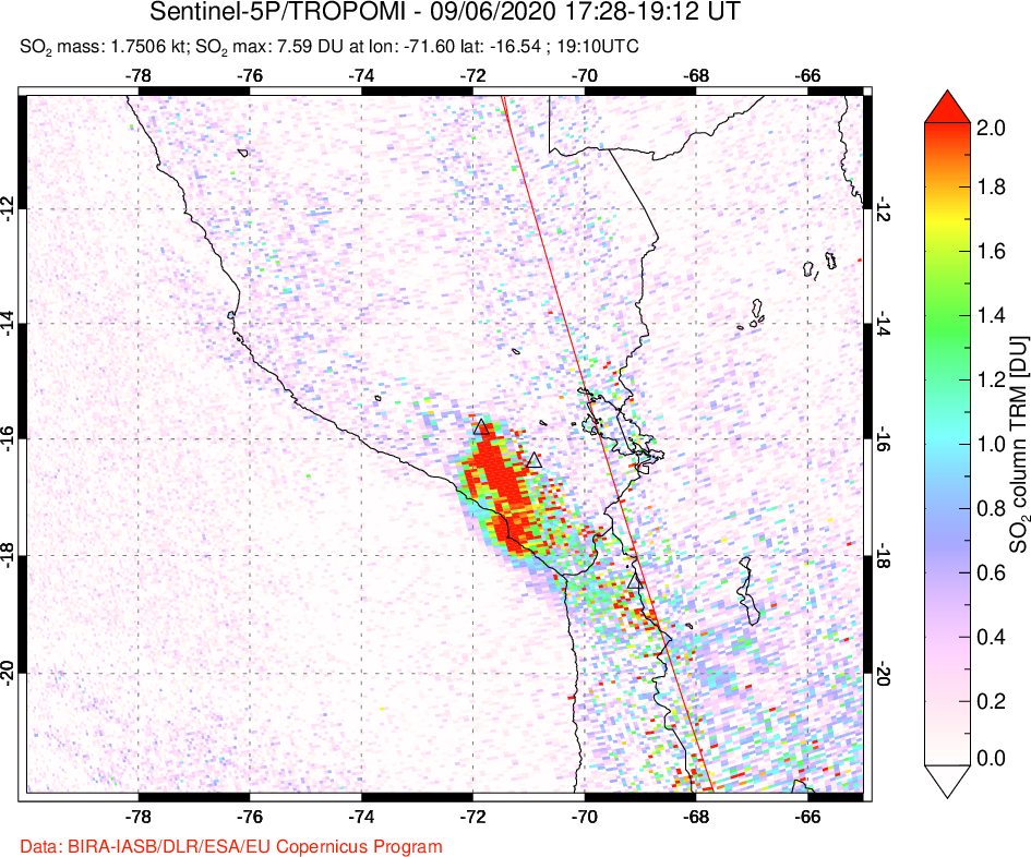A sulfur dioxide image over Peru on Sep 06, 2020.