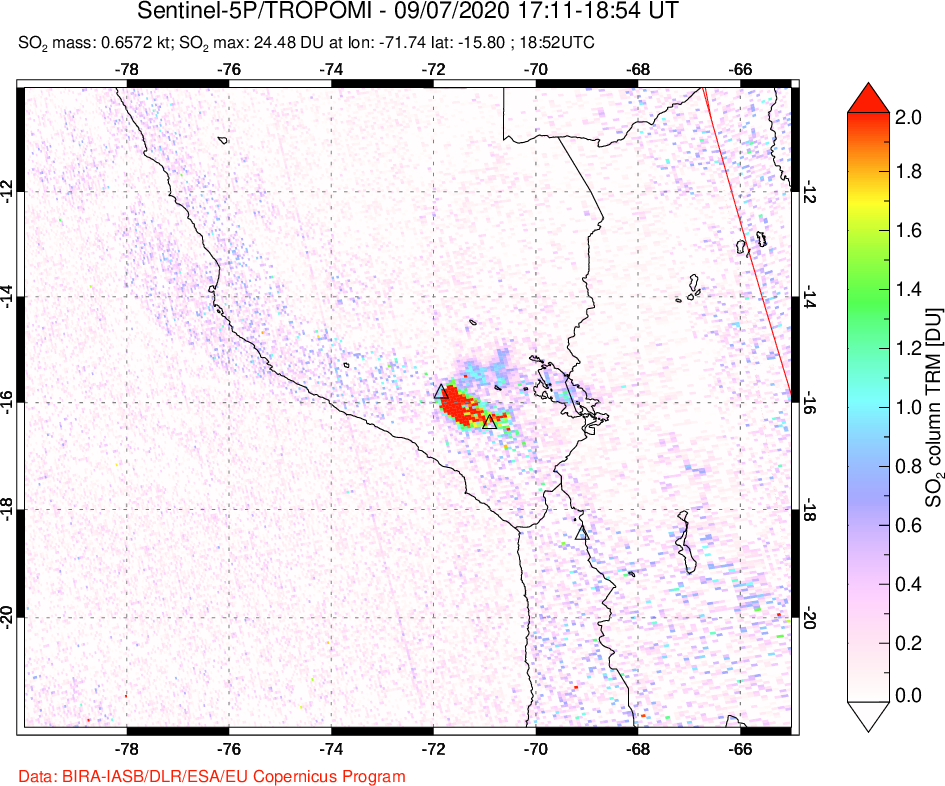 A sulfur dioxide image over Peru on Sep 07, 2020.