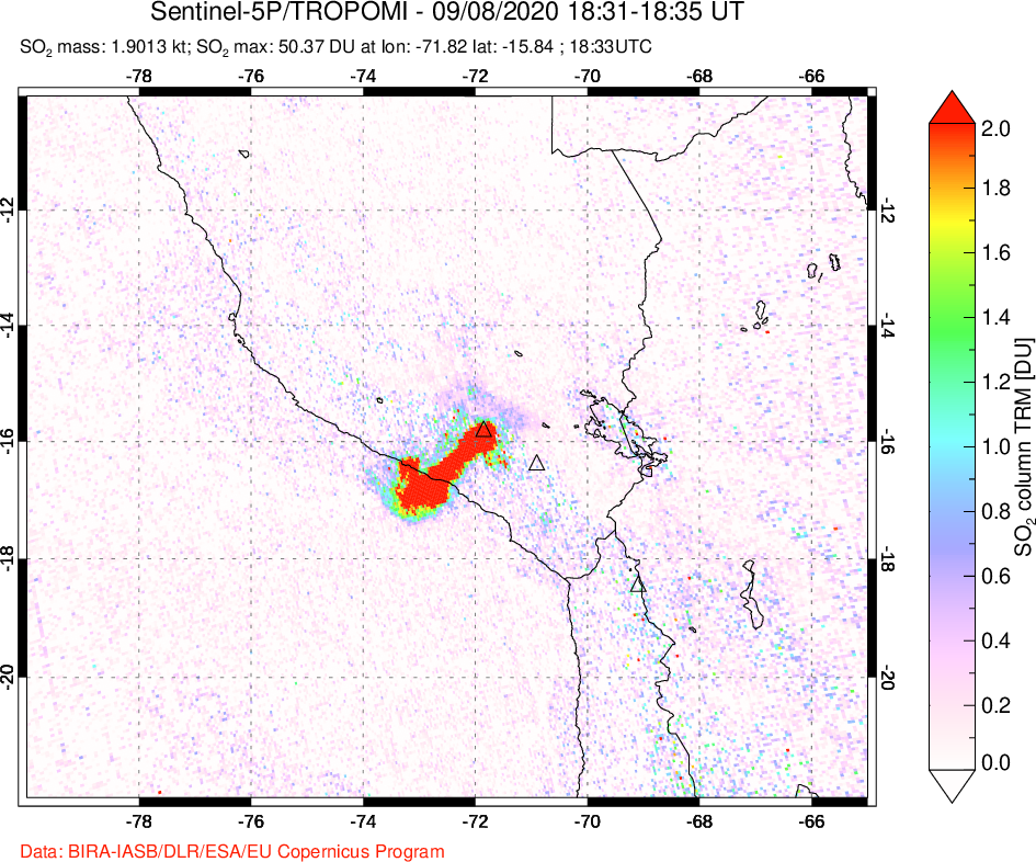 A sulfur dioxide image over Peru on Sep 08, 2020.