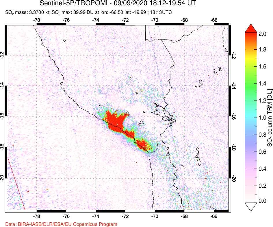A sulfur dioxide image over Peru on Sep 09, 2020.