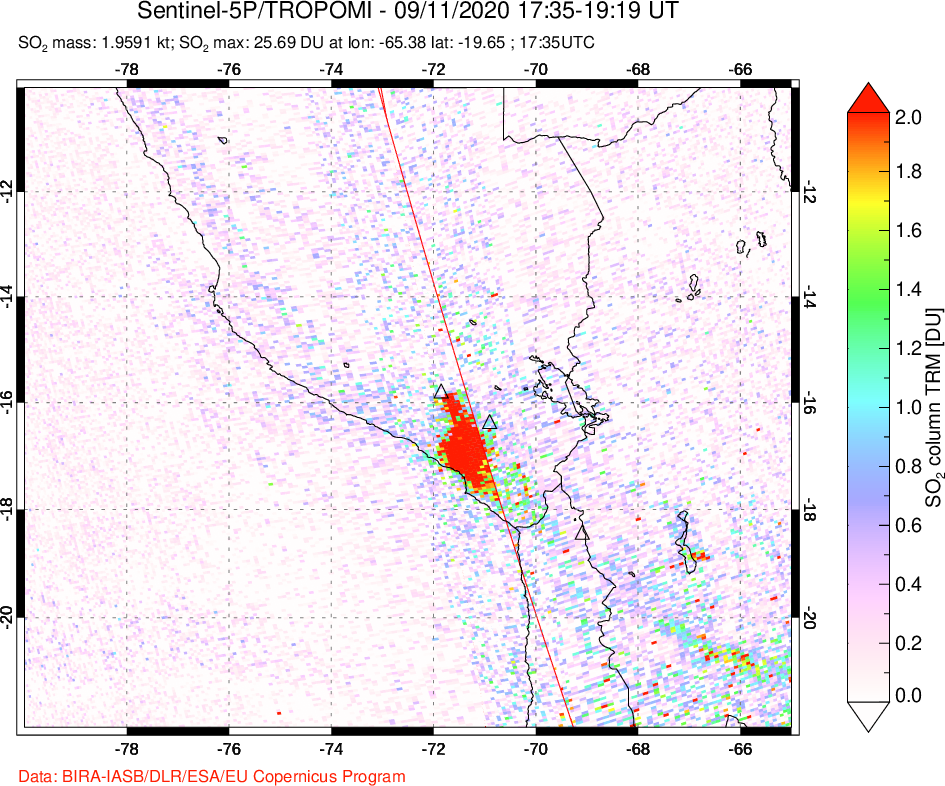 A sulfur dioxide image over Peru on Sep 11, 2020.