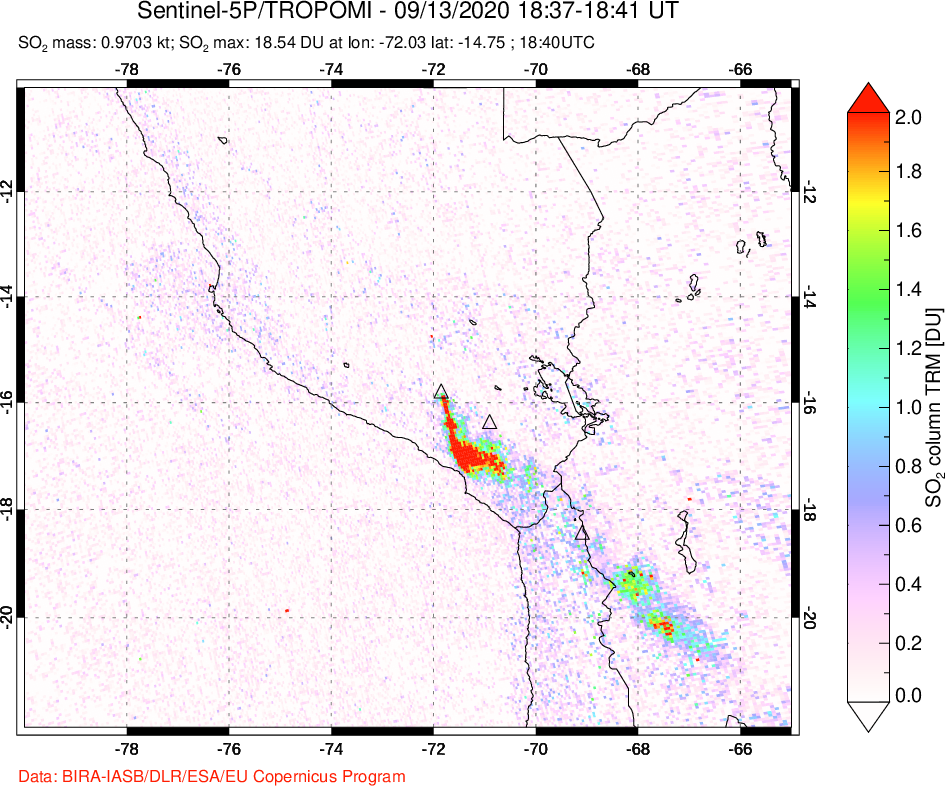 A sulfur dioxide image over Peru on Sep 13, 2020.