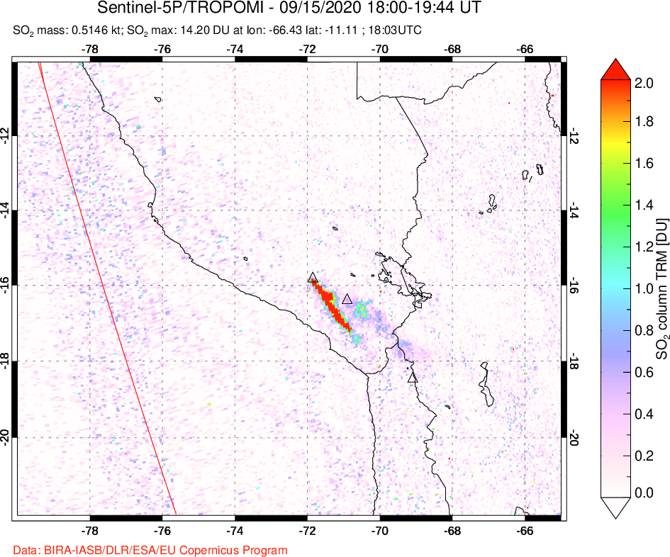 A sulfur dioxide image over Peru on Sep 15, 2020.