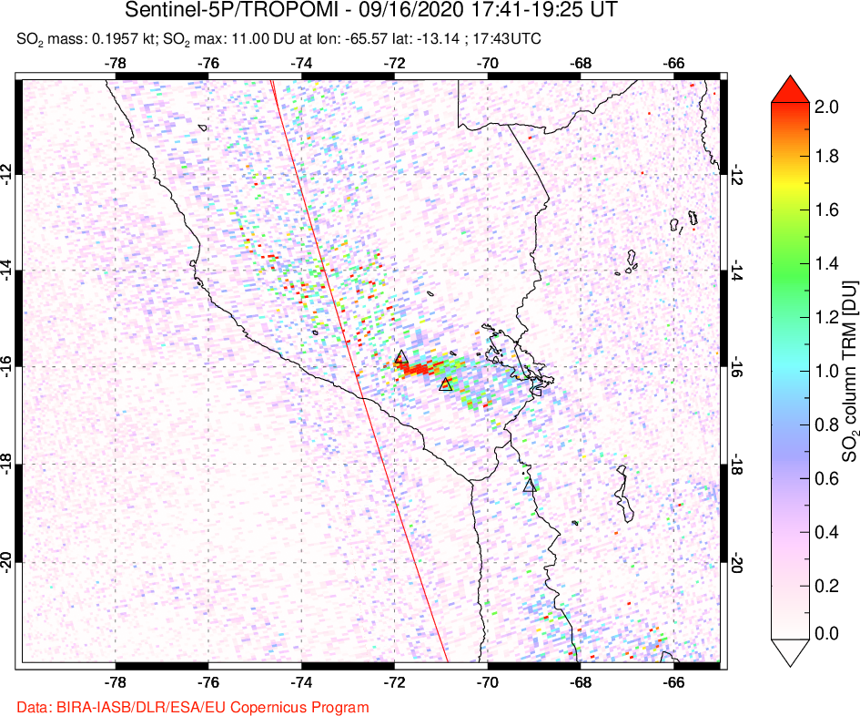 A sulfur dioxide image over Peru on Sep 16, 2020.