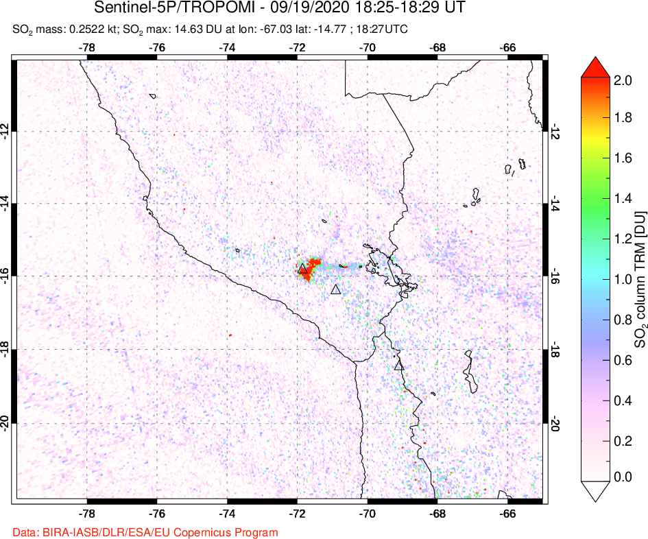 A sulfur dioxide image over Peru on Sep 19, 2020.