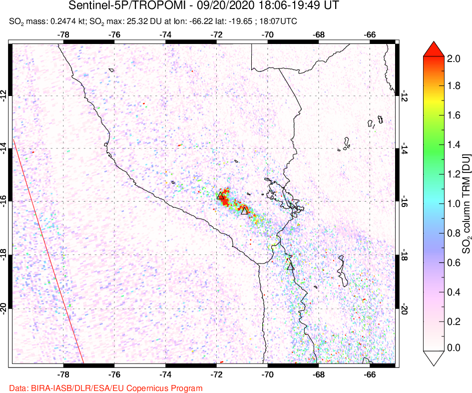 A sulfur dioxide image over Peru on Sep 20, 2020.