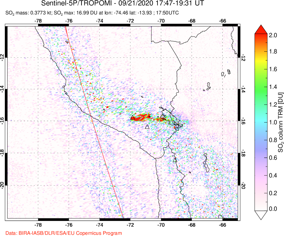 A sulfur dioxide image over Peru on Sep 21, 2020.