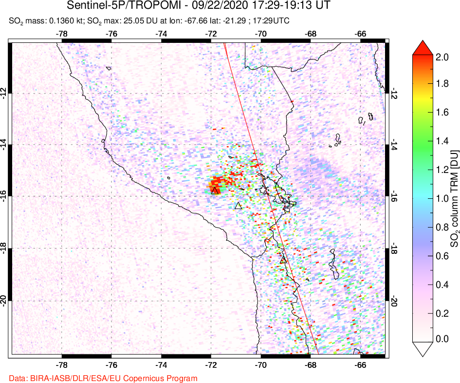 A sulfur dioxide image over Peru on Sep 22, 2020.