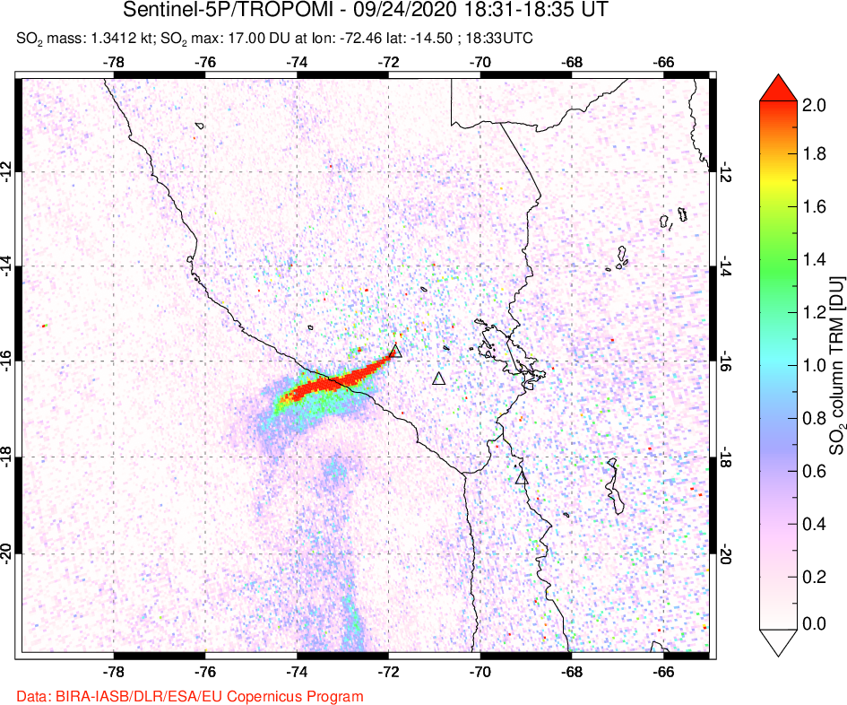 A sulfur dioxide image over Peru on Sep 24, 2020.